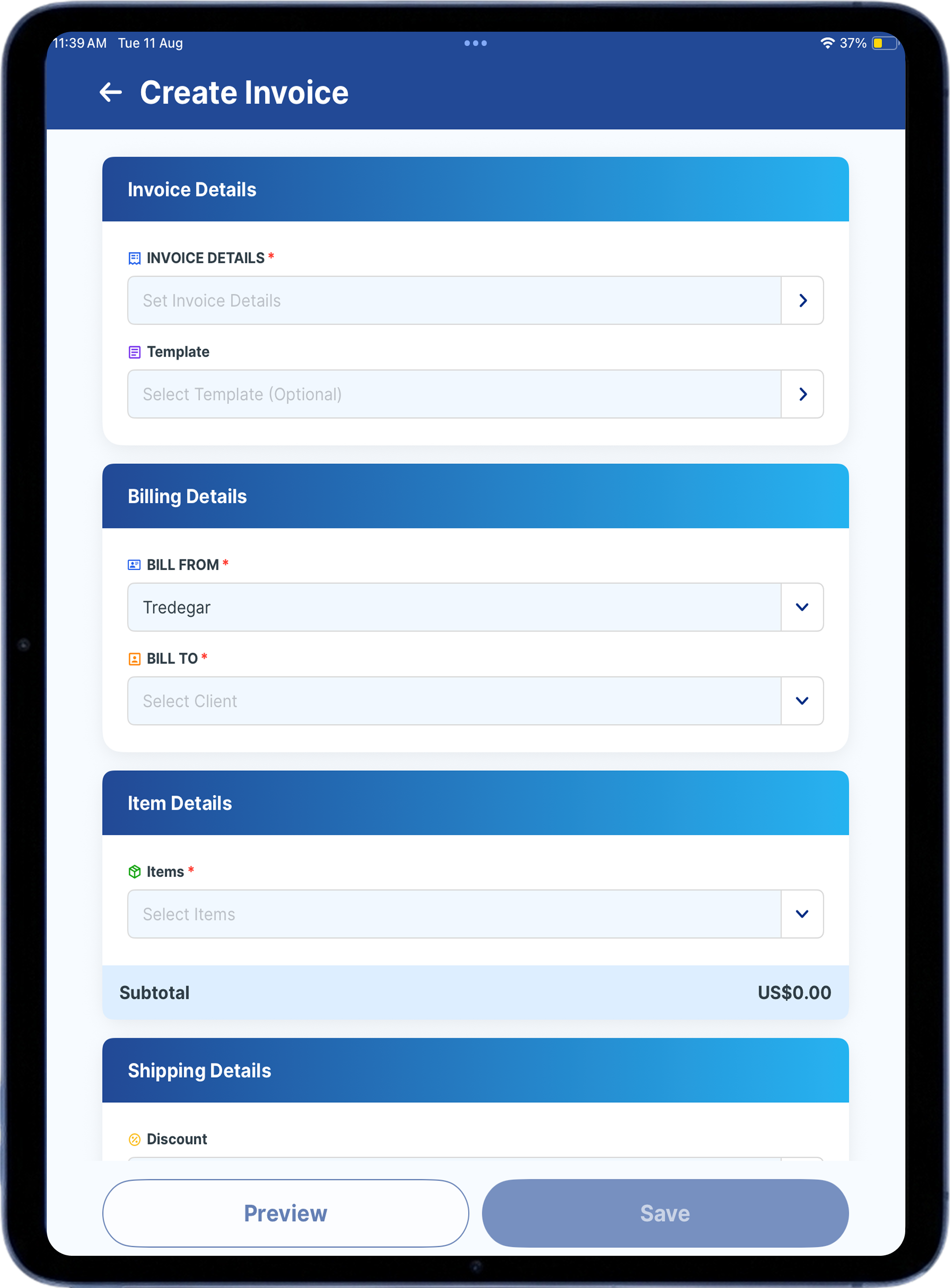 Tablet app screen 1